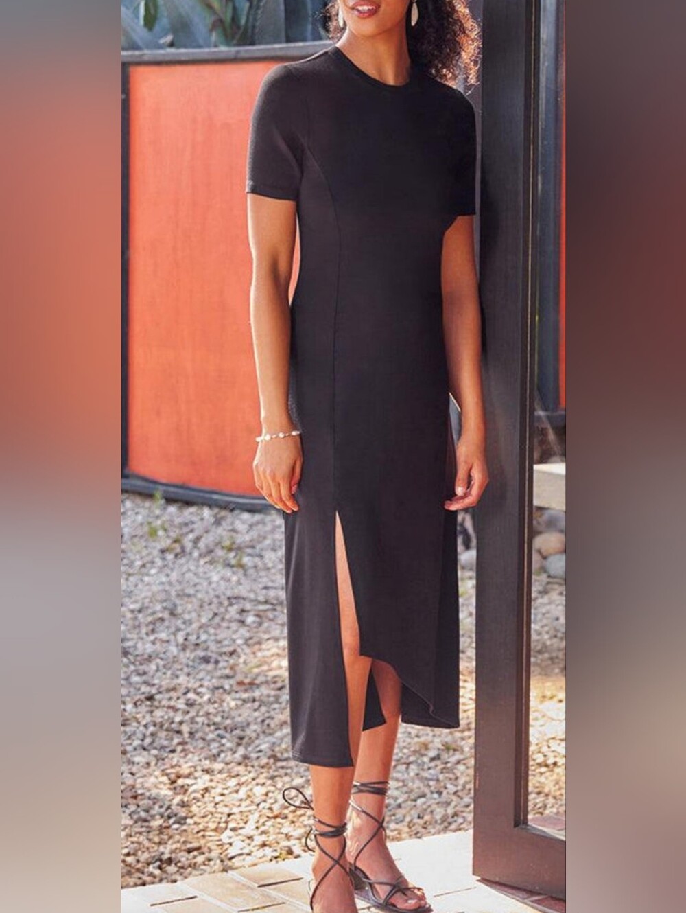 Karen Kane Black Asymmetrical Midi Dress with Front Slit